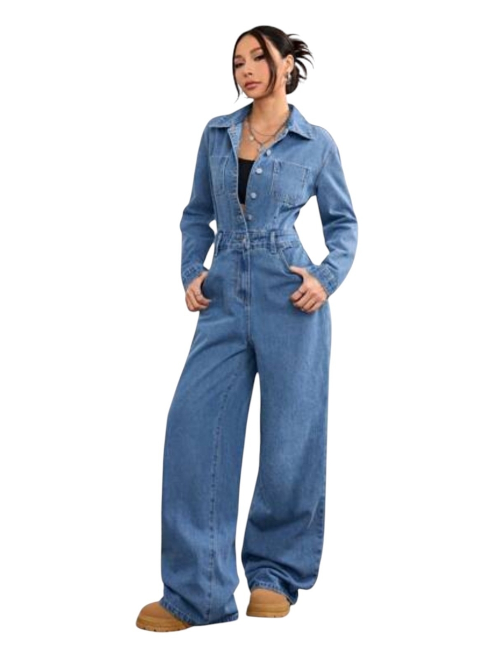 SHEIN Light Blue Denim Wide-Leg Overall Jumpsuit